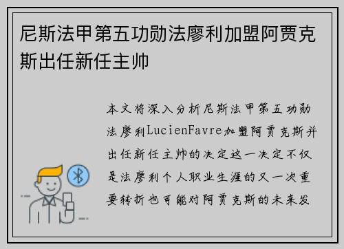 尼斯法甲第五功勋法廖利加盟阿贾克斯出任新任主帅